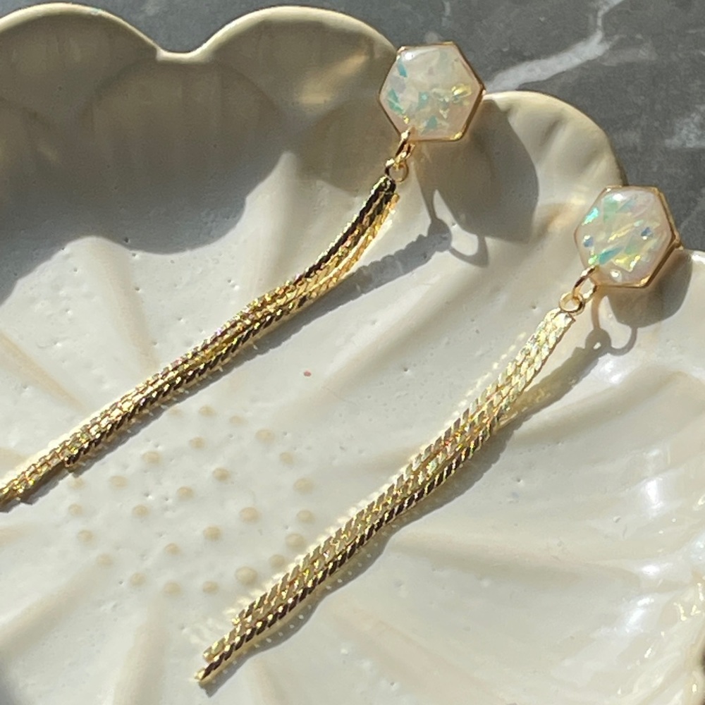 Handmade Opal look alike tassel post earrings